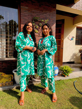 Green and White Digital Printed Cotton Stitched Co-Ord Set