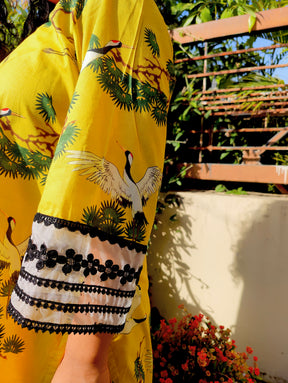 Yellow Digital Printed Cotton Lace Stitched Co-Ord Set