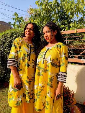 Yellow Digital Printed Cotton Lace Stitched Co-Ord Set