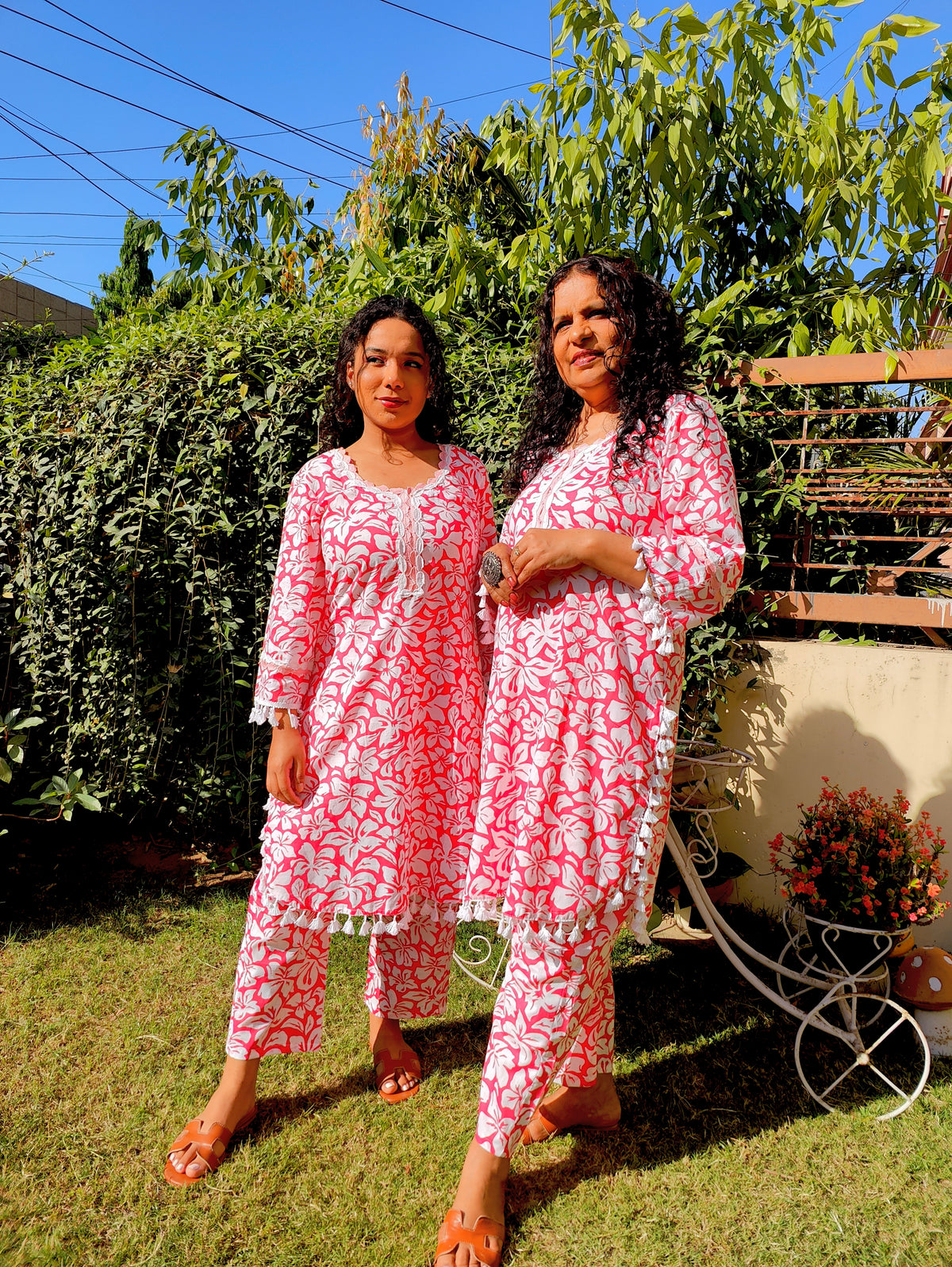 Peach Handblock White Lace Cotton Stitched Co-Ord Set