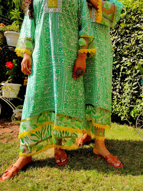 Green Floral Lace Cotton Stitched Co-Ord Set