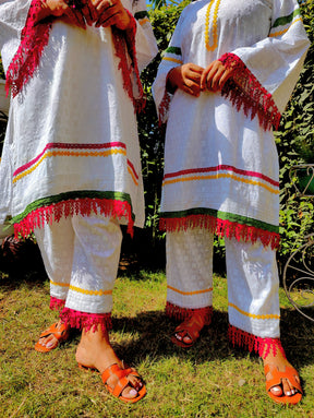 White Embroidered Lace Cotton Stitched Co-Ord Set
