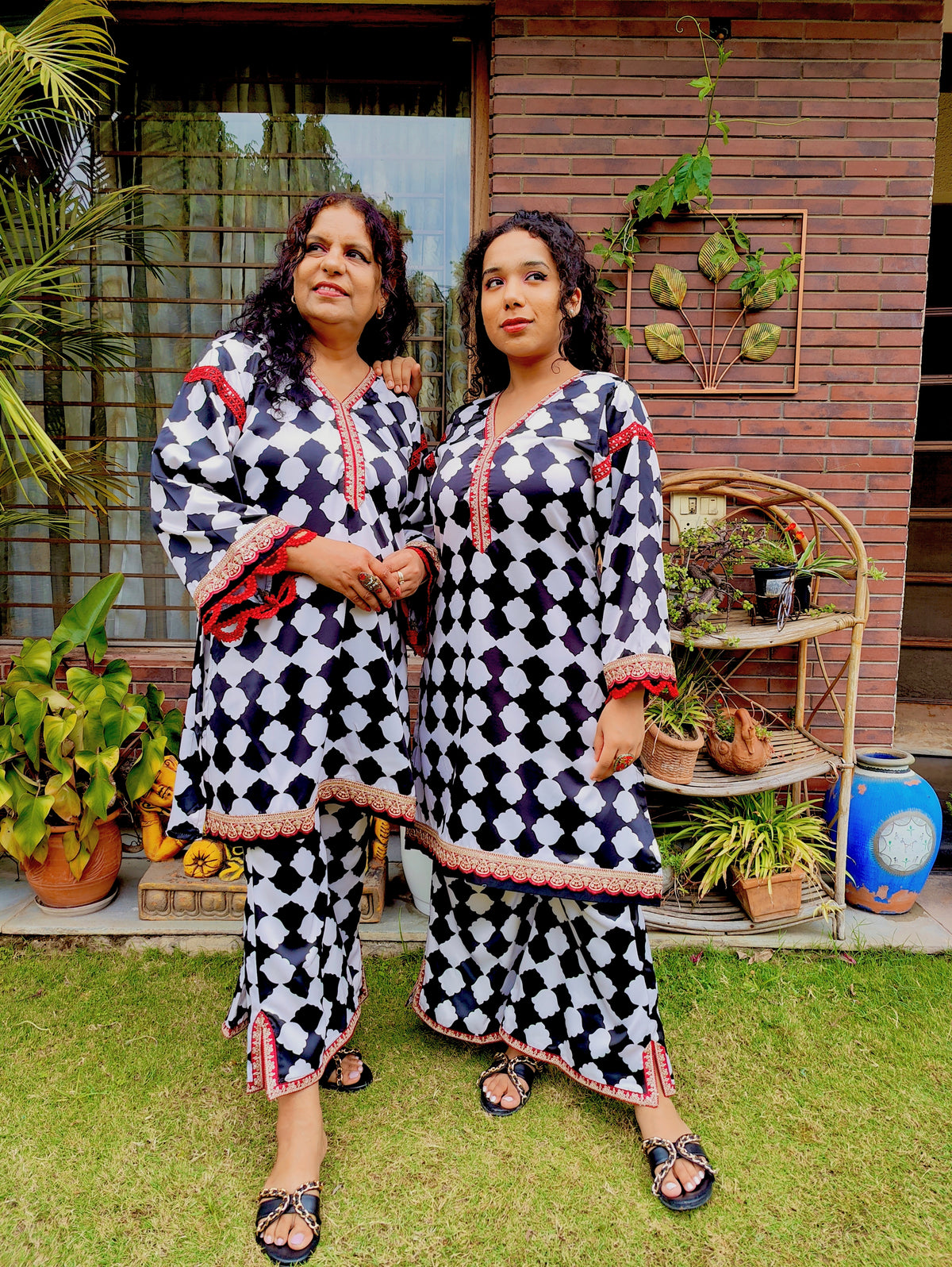 White and Black Satin Silk Maroon Lace Stitched Co-Ord Set