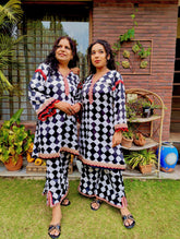 White and Black Satin Silk Maroon Lace Stitched Co-Ord Set