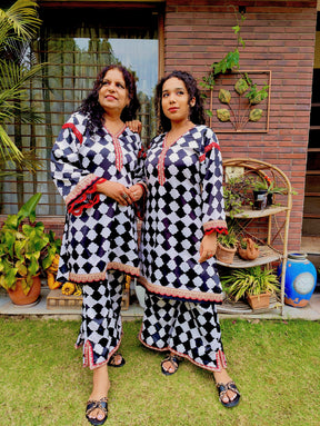 White and Black Satin Silk Maroon Lace Stitched Co-Ord Set