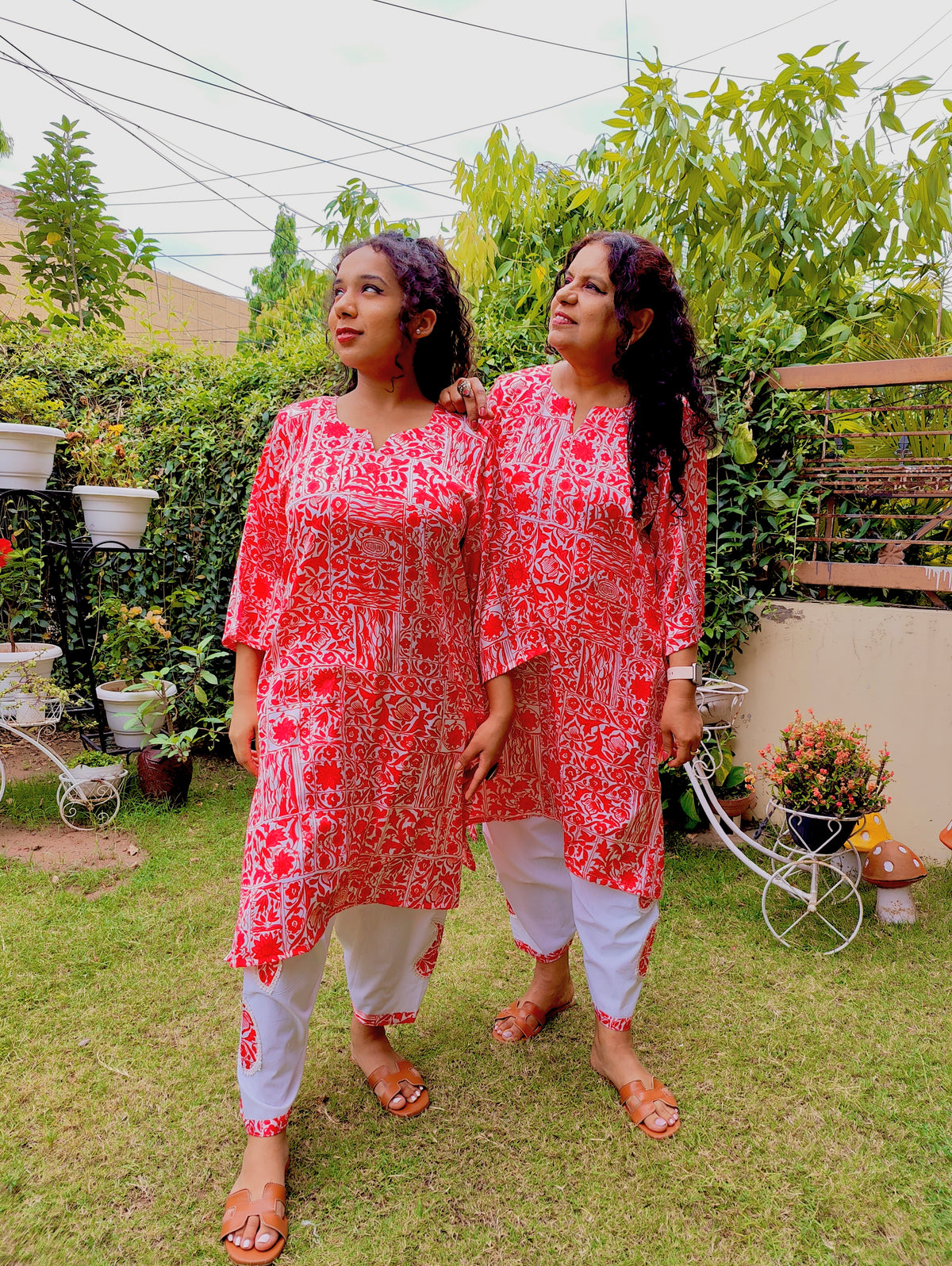 Red and White Digital Printed Satin Silk Stitched Co-Ord Set