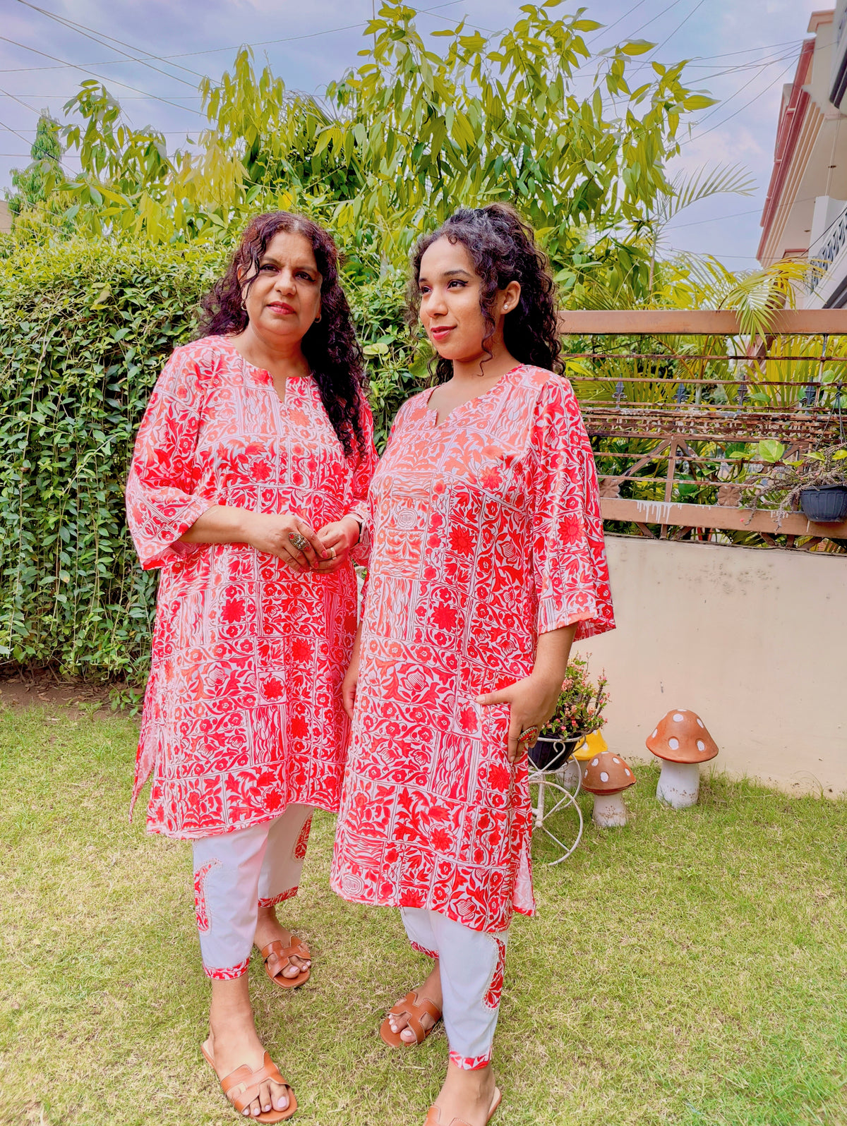 Red and White Digital Printed Satin Silk Stitched Co-Ord Set