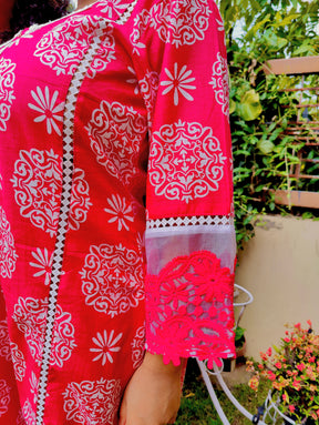 Magenta handblock Cotton White Lace Stitched Co-Ord Set