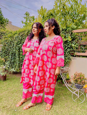 Magenta handblock Cotton White Lace Stitched Co-Ord Set