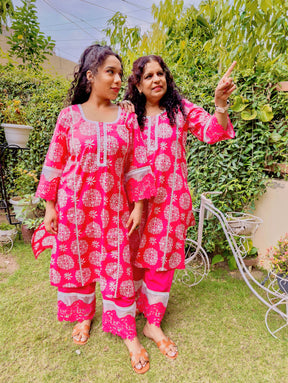 Magenta handblock Cotton White Lace Stitched Co-Ord Set