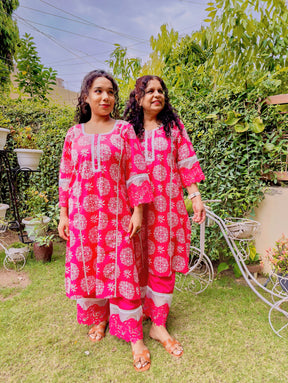 Magenta handblock Cotton White Lace Stitched Co-Ord Set