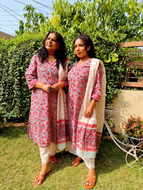 Red Floral Handblock White lace Cotton Stitched Suit Set