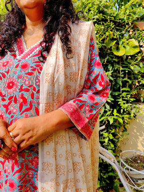 Red Floral Handblock White lace Cotton Stitched Suit Set
