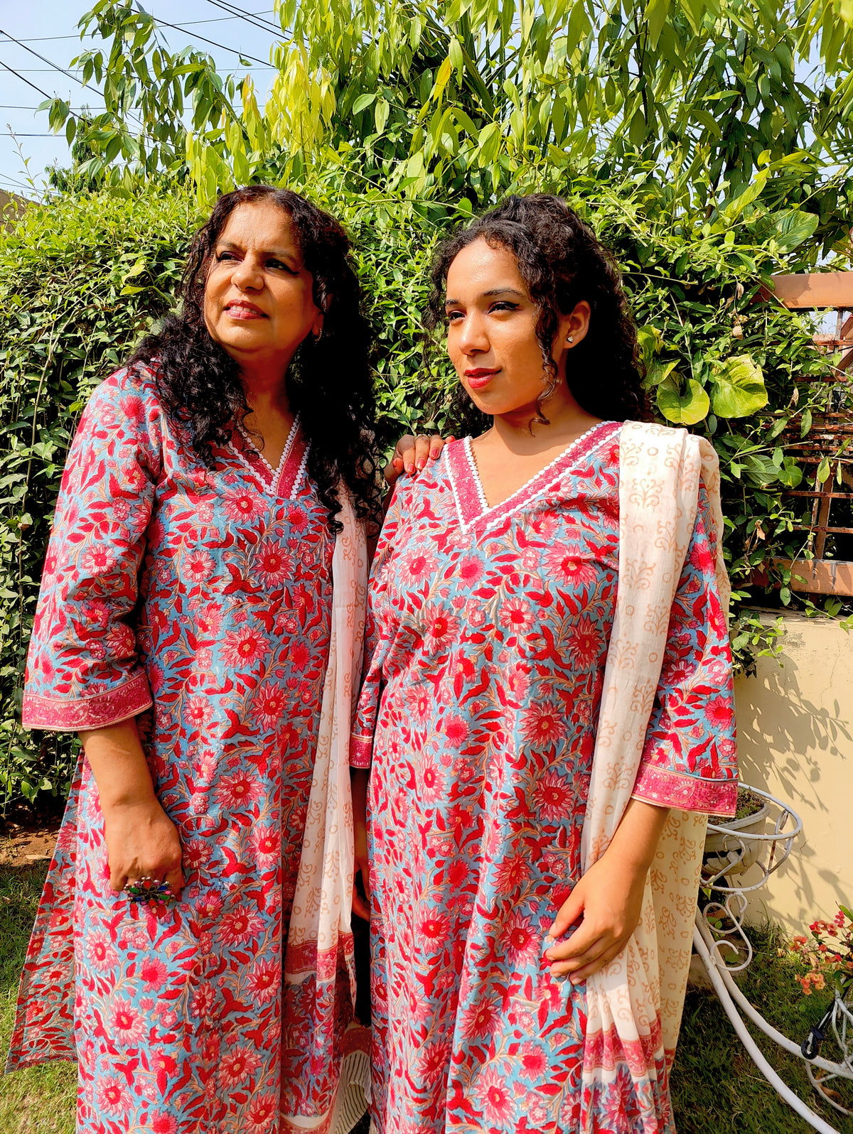 Red Floral Handblock White lace Cotton Stitched Suit Set