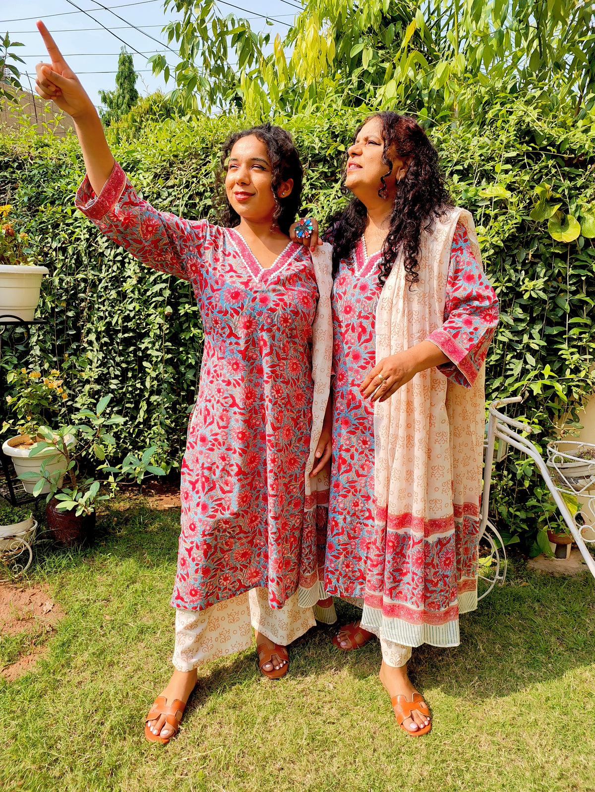 Red Floral Handblock White lace Cotton Stitched Suit Set