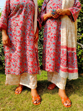 Red Floral Handblock White lace Cotton Stitched Suit Set