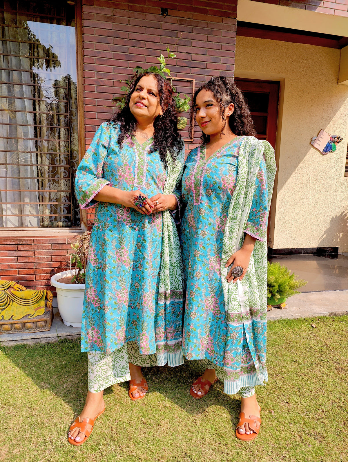 Sky Blue Handblock Pink lace Cotton Stitched Suit Set