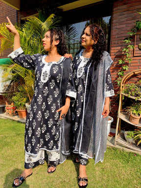 Black Striped White Lace Cotton Stitched Suit Set