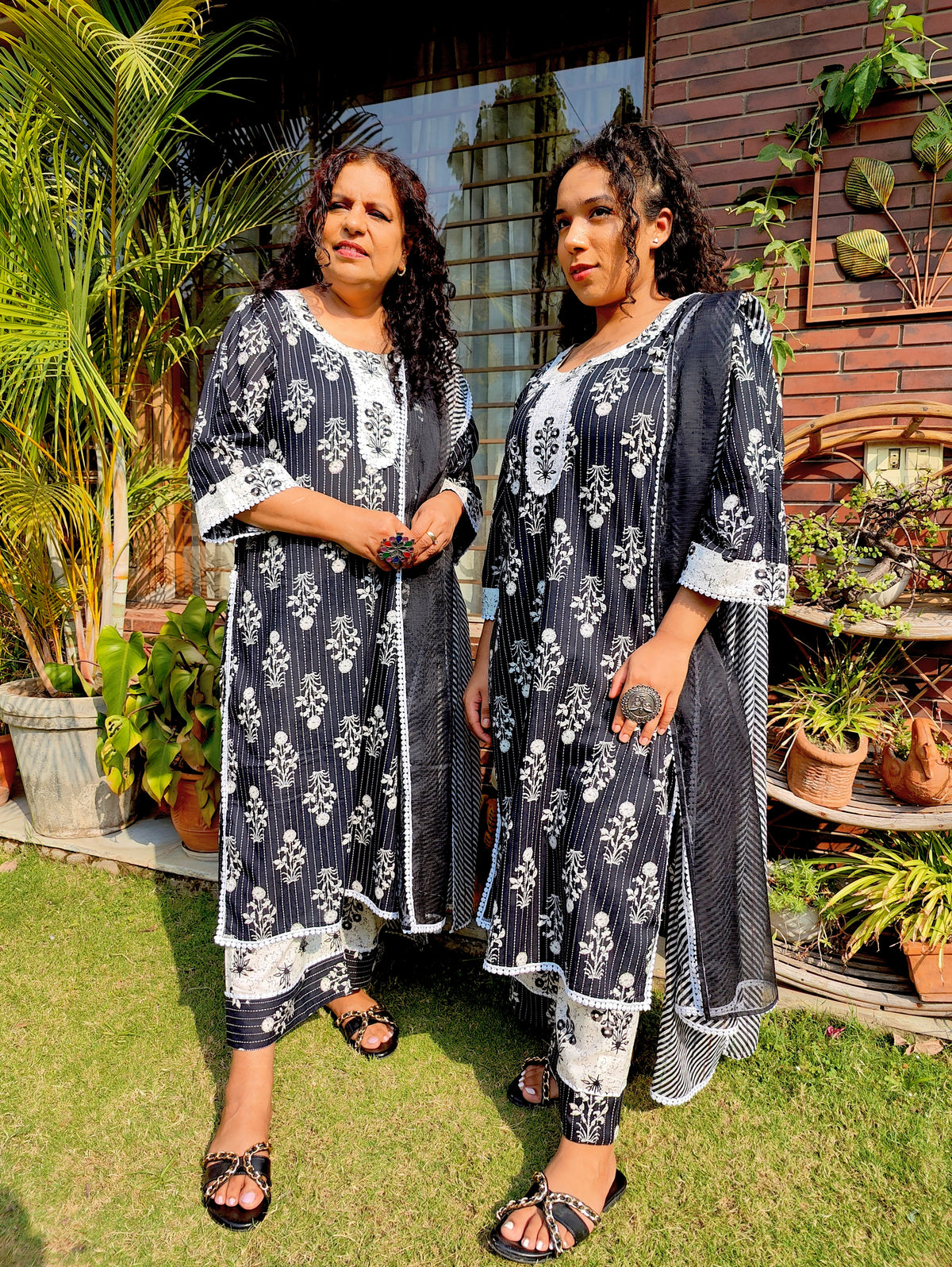 Black Striped White Lace Cotton Stitched Suit Set
