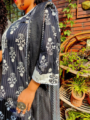 Black Striped White Lace Cotton Stitched Suit Set