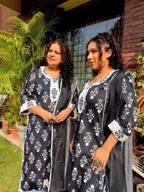 Black Striped White Lace Cotton Stitched Suit Set