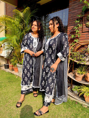Black Striped White Lace Cotton Stitched Suit Set