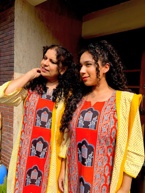 Orange Ajrakh Cotton Stitched Suit Set