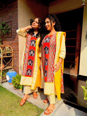Orange Ajrakh Cotton Stitched Suit Set