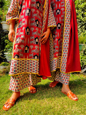 Maroon Ajrakh Yellow Lace Cotton Stitched Suit Set