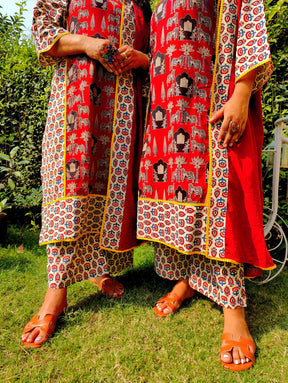 Maroon Ajrakh Yellow Lace Cotton Stitched Suit Set