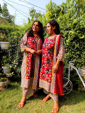Maroon Ajrakh Yellow Lace Cotton Stitched Suit Set