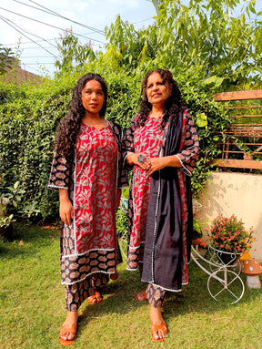 Maroon and Black Ajrakh Cotton Stitched Suit Set