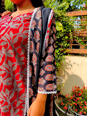 Maroon and Black Ajrakh Cotton Stitched Suit Set