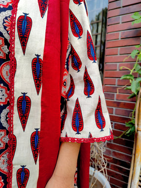 Cream Ajrakh Cotton Stitched Suit Set