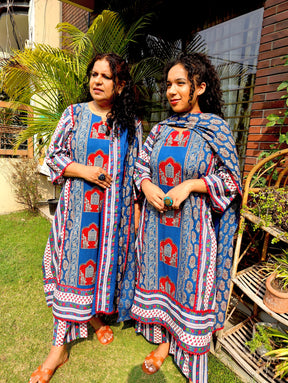 Blue Ajrakh Cotton Stitched Suit Set