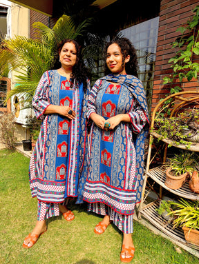 Blue Ajrakh Cotton Stitched Suit Set