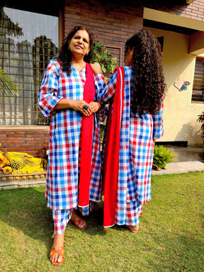 Blue and Red Checkred Cotton Lace Stitched Suit Set