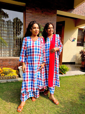 Blue and Red Checkred Cotton Lace Stitched Suit Set