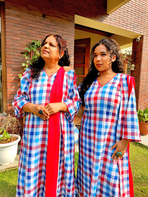 Blue and Red Checkred Cotton Lace Stitched Suit Set
