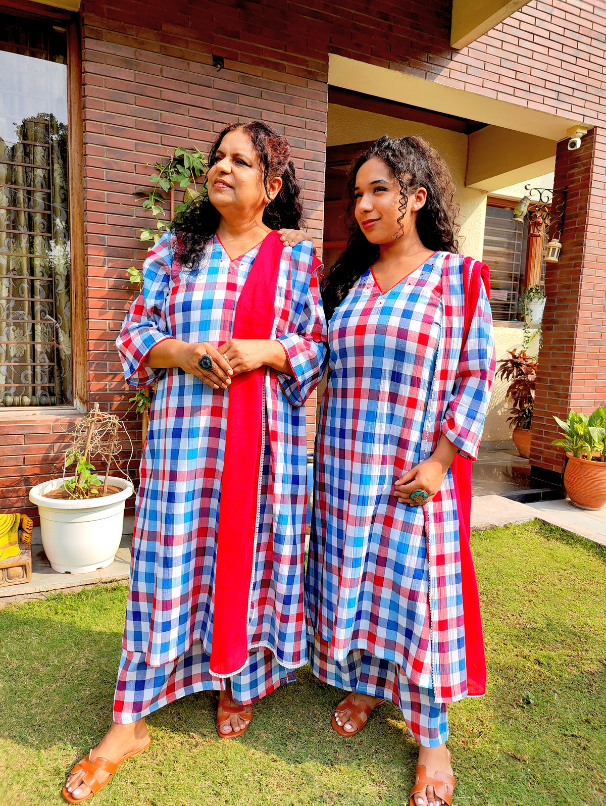 Blue and Red Checkred Cotton Lace Stitched Suit Set