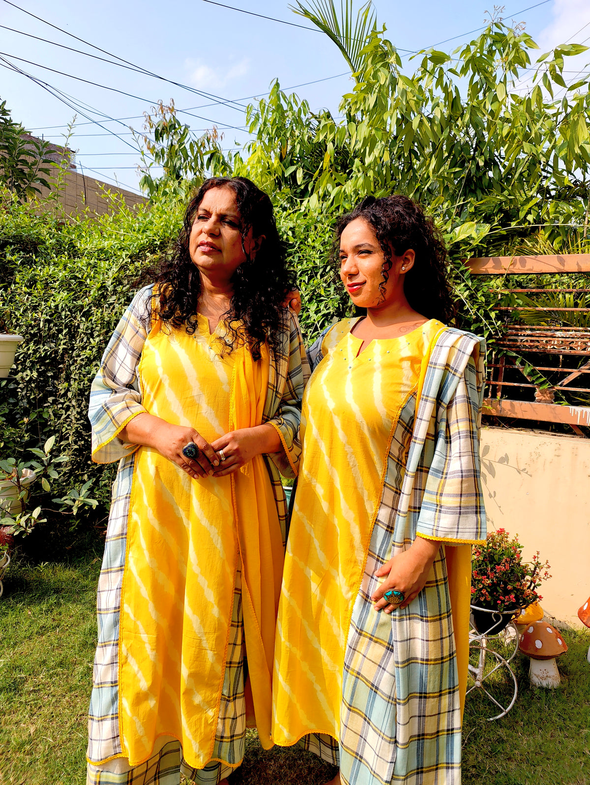 Yellow Tie Dye Checkred cotton Stitched Suit Set