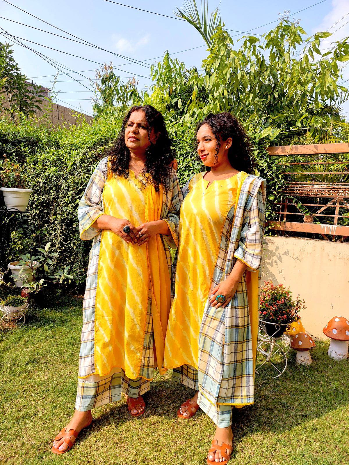 Yellow Tie Dye Checkred cotton Stitched Suit Set