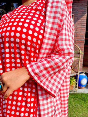 Red and White Polka Dot Cotton Stitched Suit Set