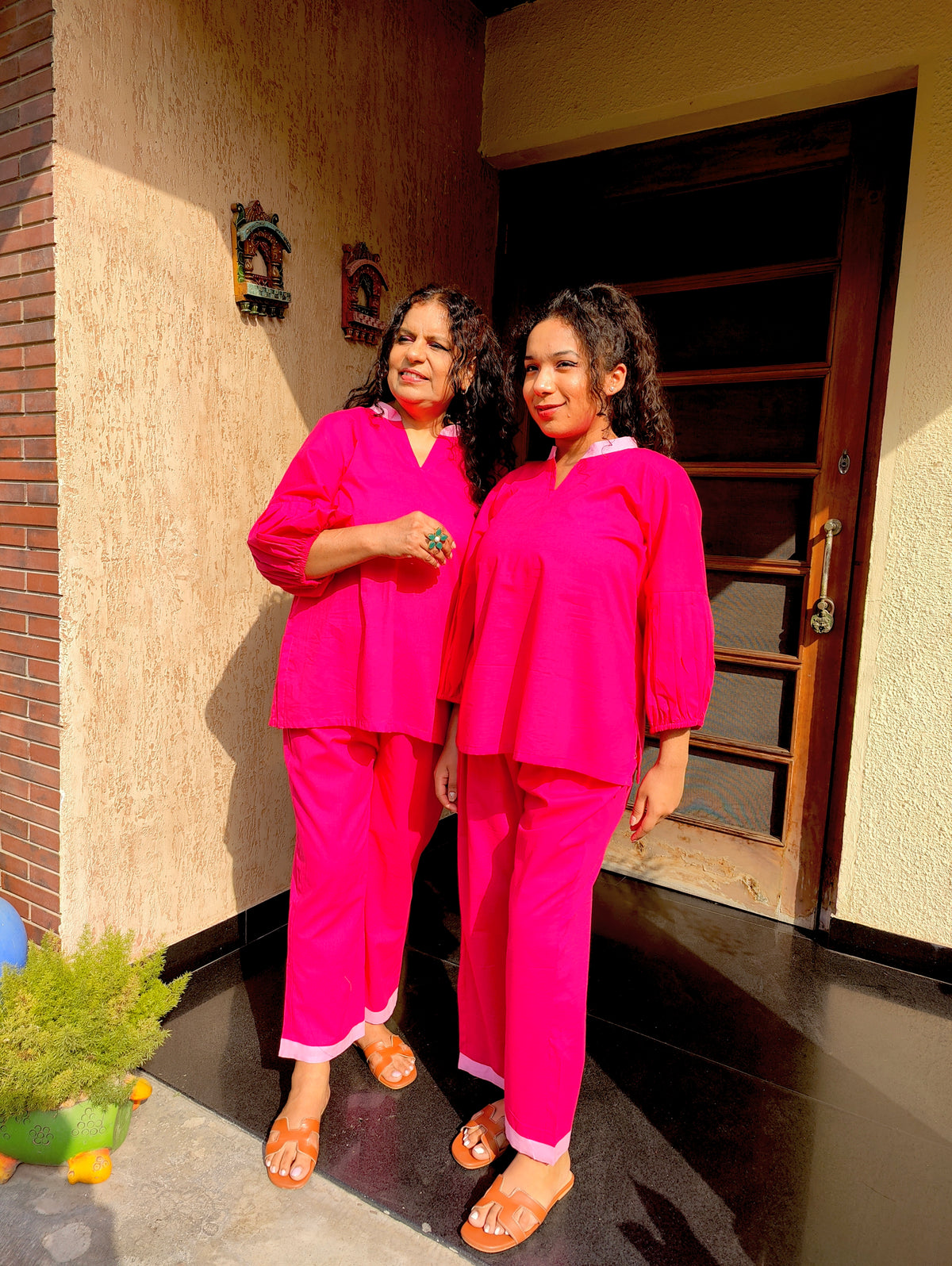 Magenta Cotton Pink Lace Stitched Co-Ord Set