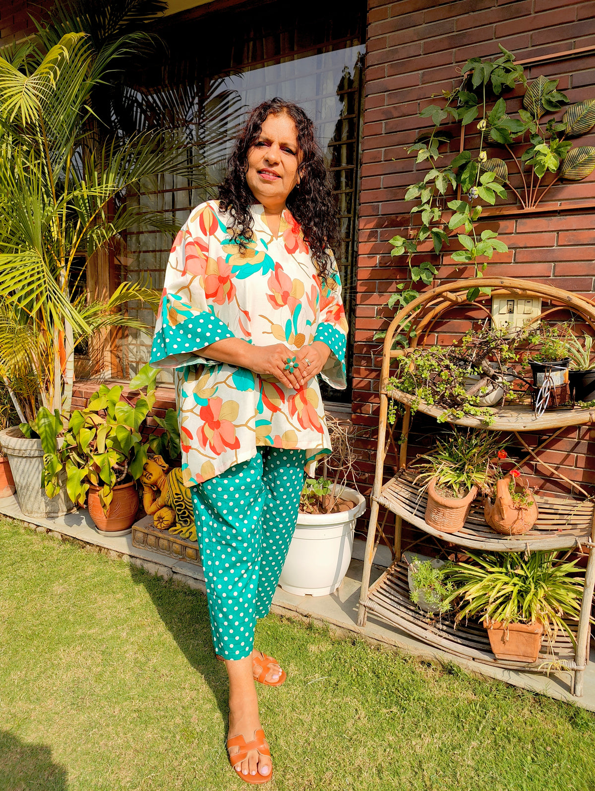 Cream Digital Printed Polka Dot Stitched Co-Ord Set
