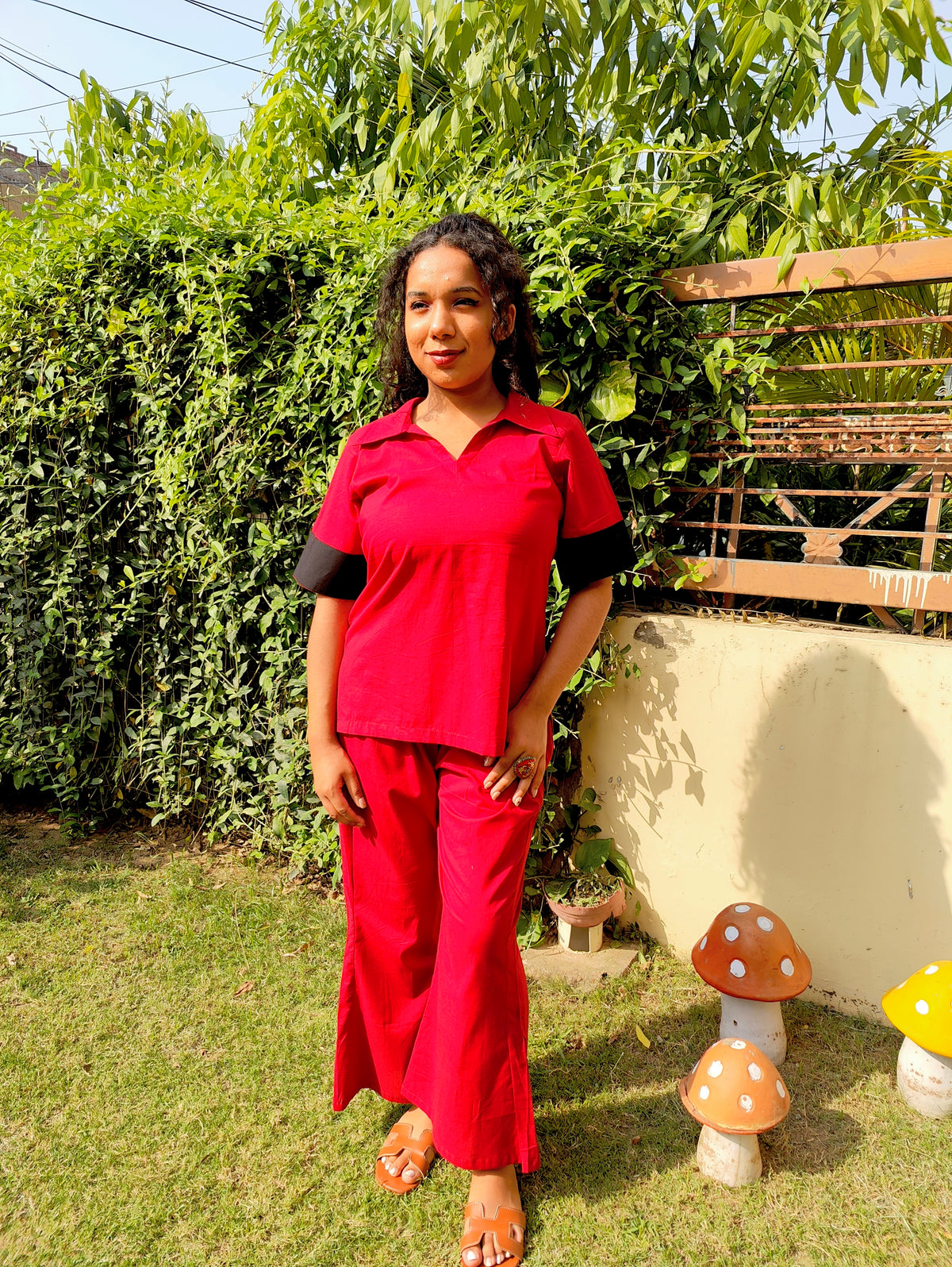 Red and Black Cotton Stitched Co-Ord Set