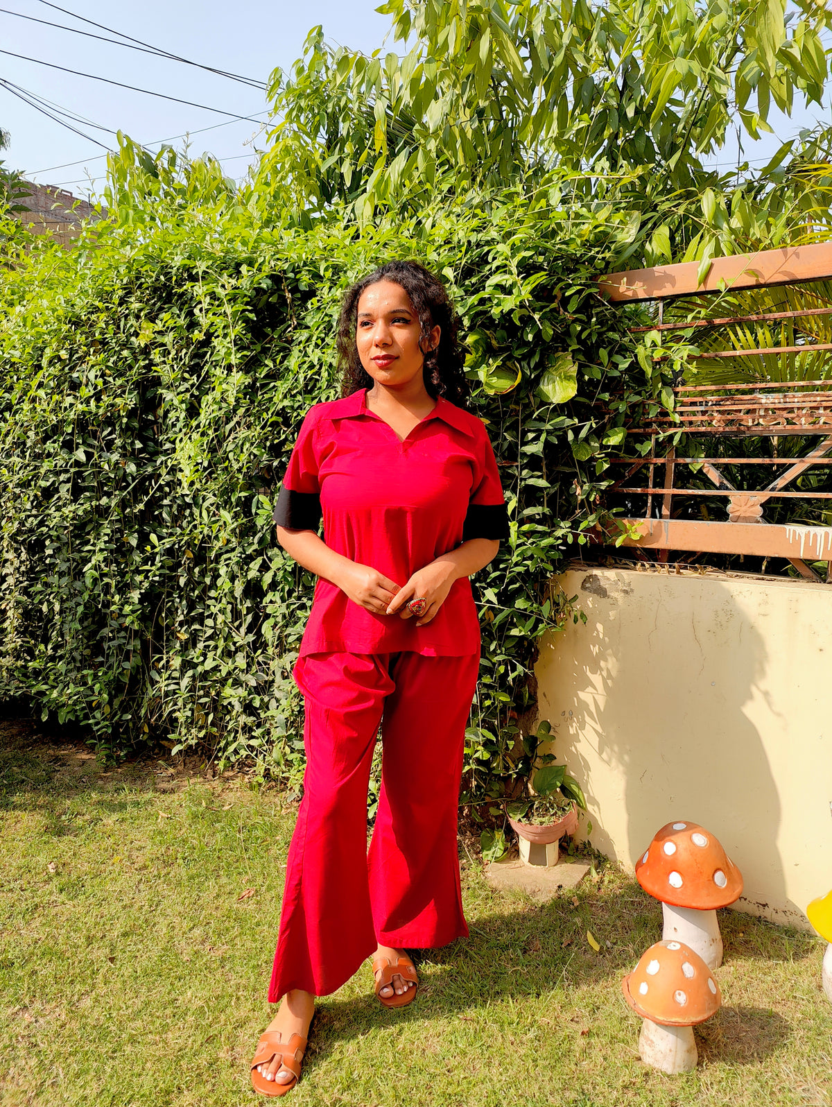 Red and Black Cotton Stitched Co-Ord Set