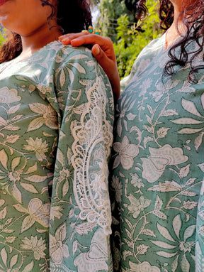 Green Digital Printed White Lace Cotton Stitched Co-Ord Set