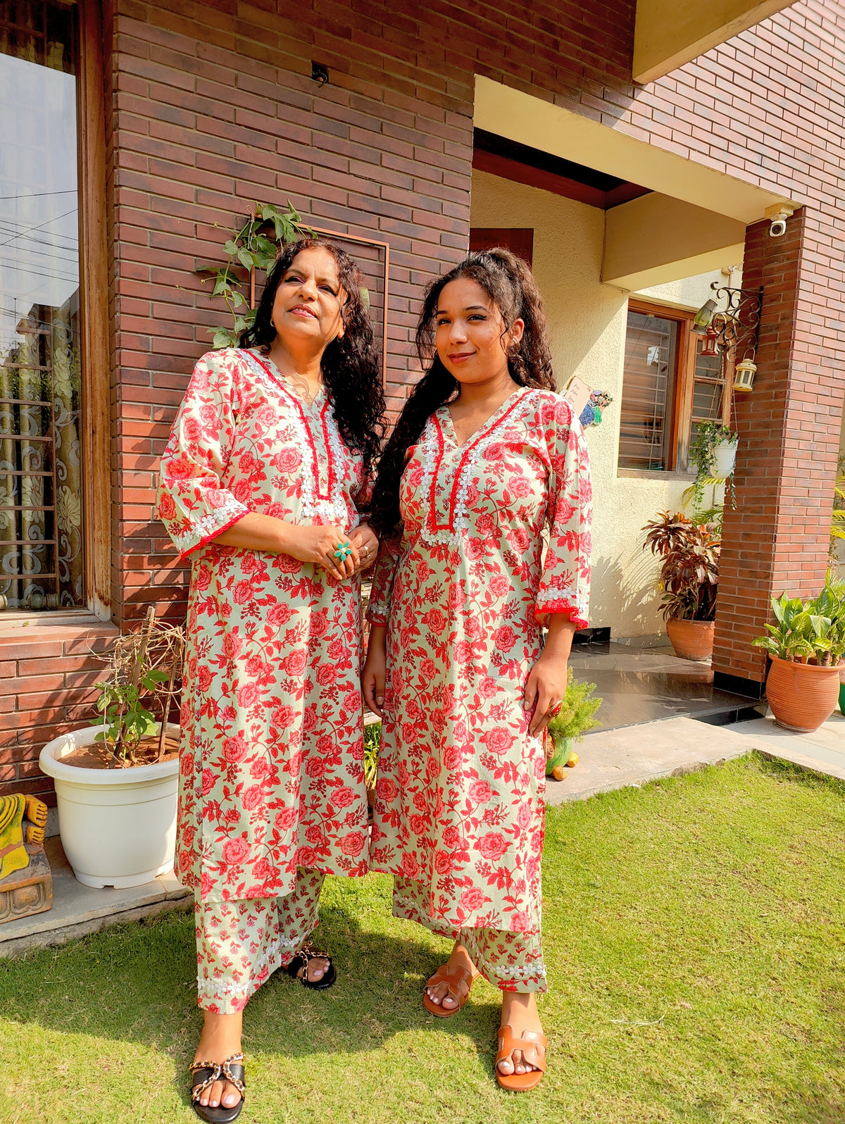 Red Floral Digital Printed Lace Cotton Stitched Co-Ord Set