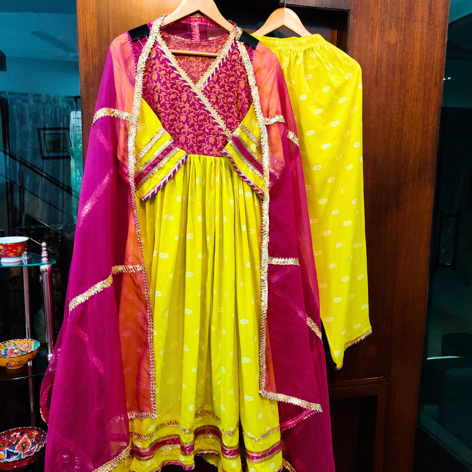 Lemon Yellow Cotton Stitched Anarkali Suit Set - Mom & You Clothing